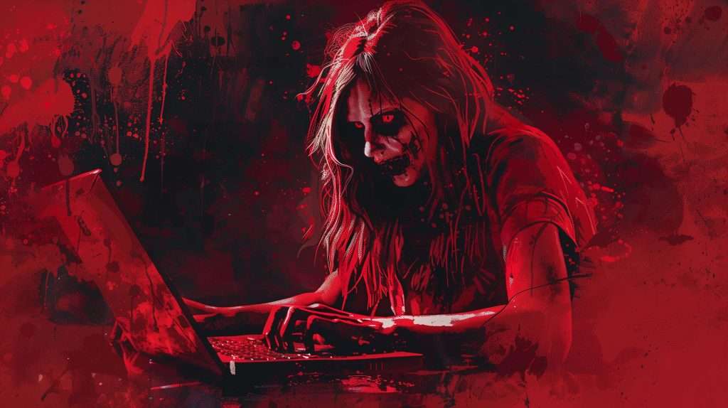 A person with a ghoulish, zombie-like appearance is working on a laptop in an artistic scene with intense red tones and paint splatters.