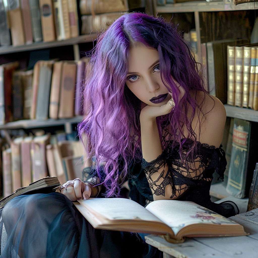 A person with long, wavy purple hair and dark lipstick reads a book while sitting in a library surrounded by shelves filled with books.