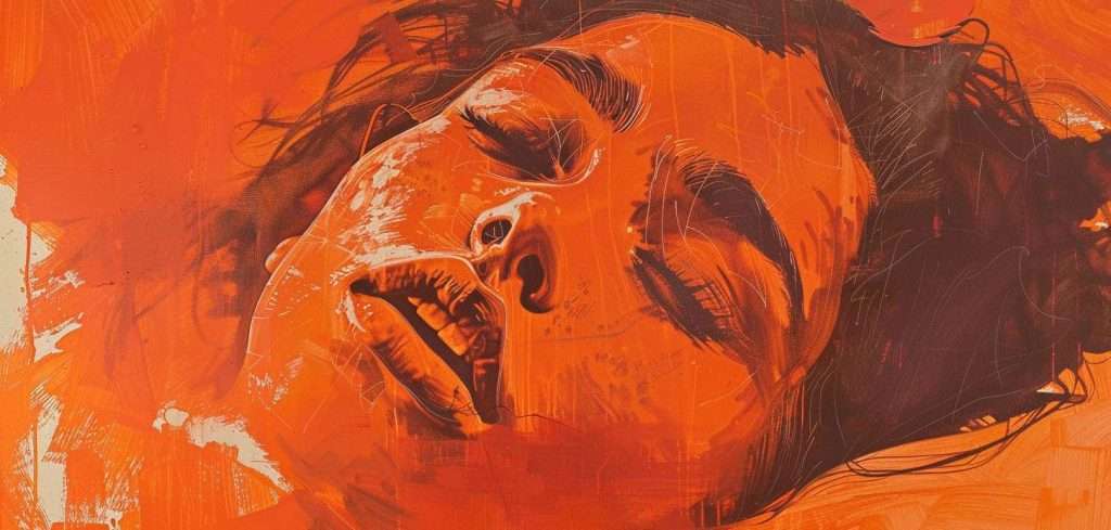 Illustration of a person's face in orange tones, eyes closed, head tilted back slightly, with textured brushstrokes and abstract background.