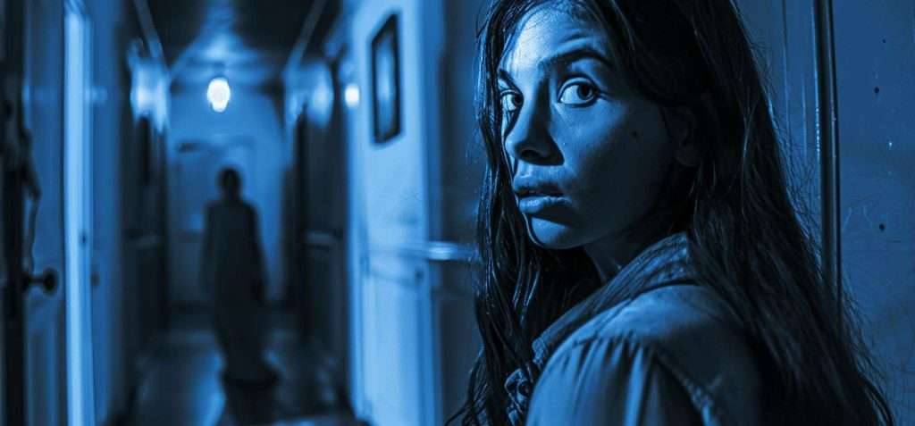 A woman looks over her shoulder with a worried expression in a dimly lit hallway, tinted blue; a shadowy figure stands in the distance.