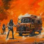 A rock band performs in front of an orange and brown painted backdrop featuring a vintage van, surrounded by abstract depictions of desert scenery.