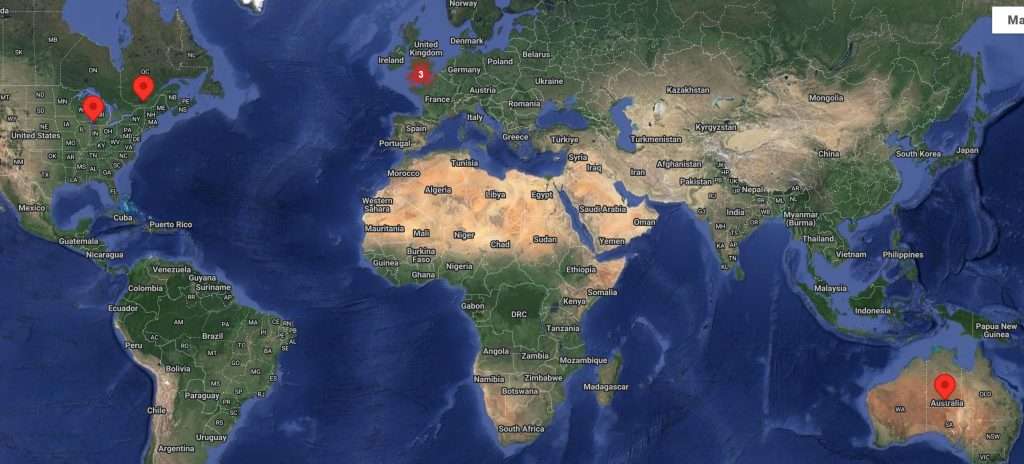 World map highlighting specific locations with red markers in Canada, Ireland, and Australia.