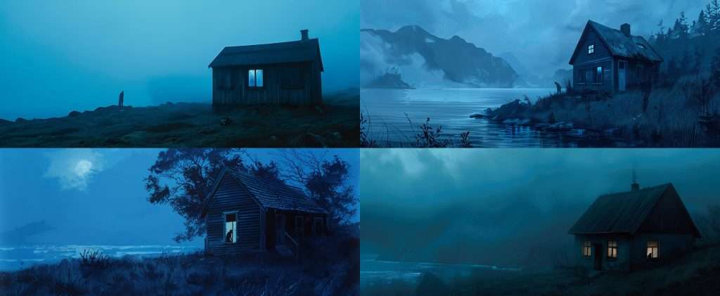 Four separate scenes show small, illuminated cabins in remote, foggy, and mountainous landscapes during nighttime, each with a blue-tinted, serene, and somewhat eerie ambiance.