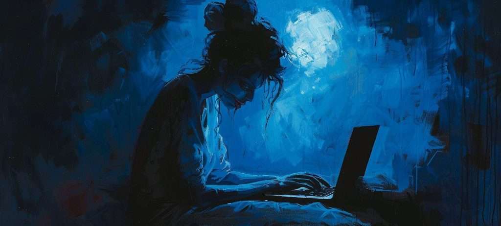 A person sits in front of a laptop in a dark room with blue lighting, creating a moody and focused atmosphere.