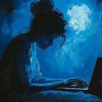 A person sits in front of a laptop in a dark room with blue lighting, creating a moody and focused atmosphere.