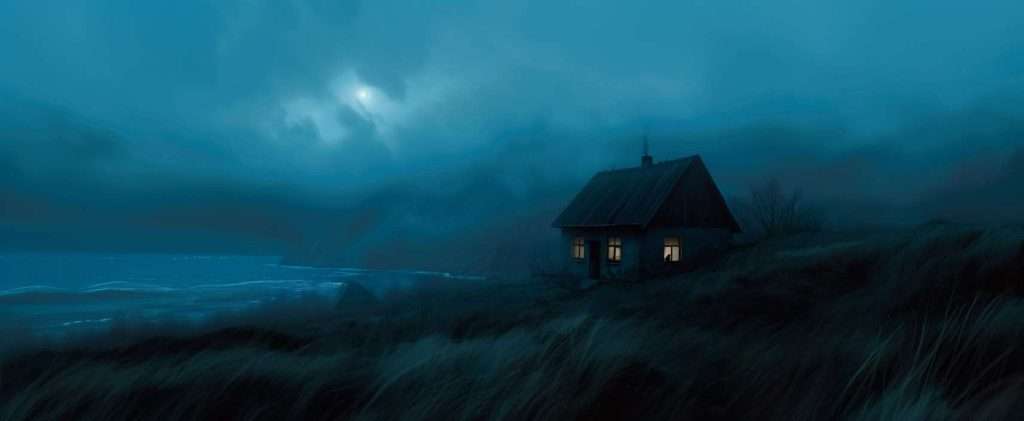 A small house with lit windows stands on a grassy hillside near the sea under a cloudy, moonlit night sky.