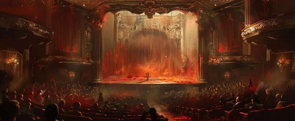 Ornate theater with a grand stage and red curtains, filled with an audience watching a solo performer under dramatic lighting.