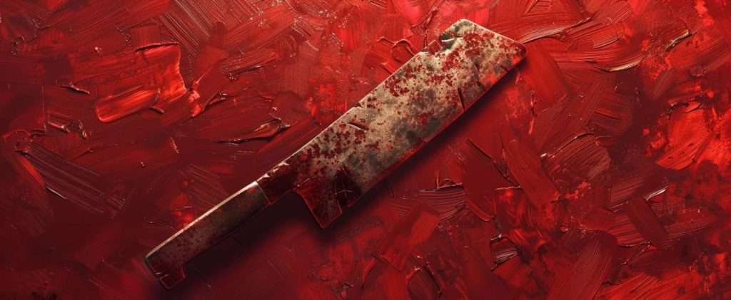 A blood-stained cleaver lies diagonally on a textured red surface.