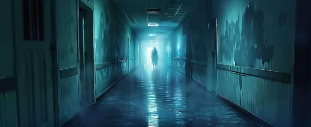A dimly lit, narrow hallway with wet, reflective floors. A solitary figure is seen in the distance, illuminated by a bright light at the end. The corridor has a slightly eerie and deserted atmosphere.