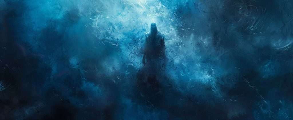 A dark, shadowy figure stands amidst swirling blue and black mist, creating an ethereal, mysterious scene.