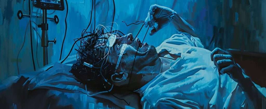 A person lies in a hospital bed with electrodes and wires attached to their head, seemingly undergoing a medical procedure in a dimly lit room.