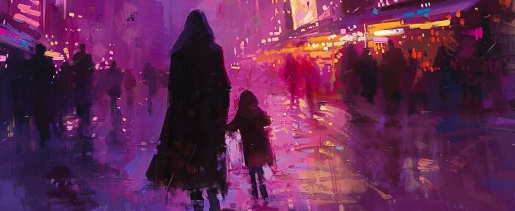 A person and a child walk hand in hand through a vibrant, colorful street filled with blurred figures and bright lights. The scene is painted in shades of pink, purple, and orange.