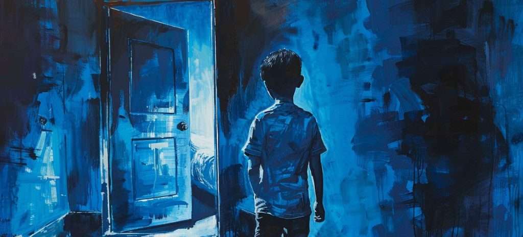 A child stands in a dimly lit room, facing an open door that leads to a brightly lit room. The scene is painted in shades of blue.