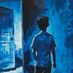 A child stands in a dimly lit room, facing an open door that leads to a brightly lit room. The scene is painted in shades of blue.