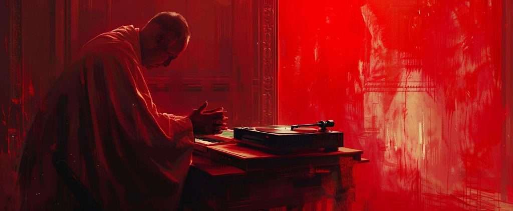 A man in contemplative pose sits at a desk with a record player in a dimly lit room bathed in red light.