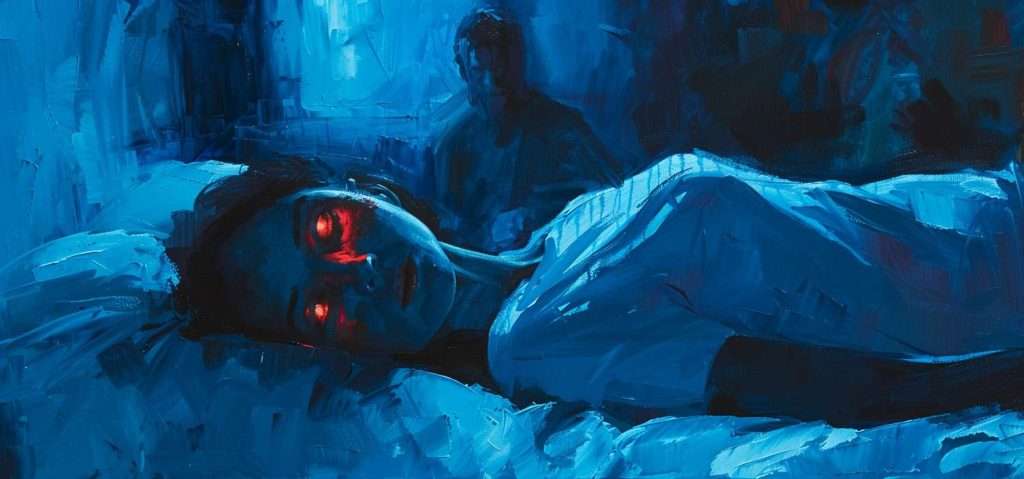 A person with glowing red eyes lies in bed, while a second shadowy figure sits in the background. The room is bathed in blue tones.