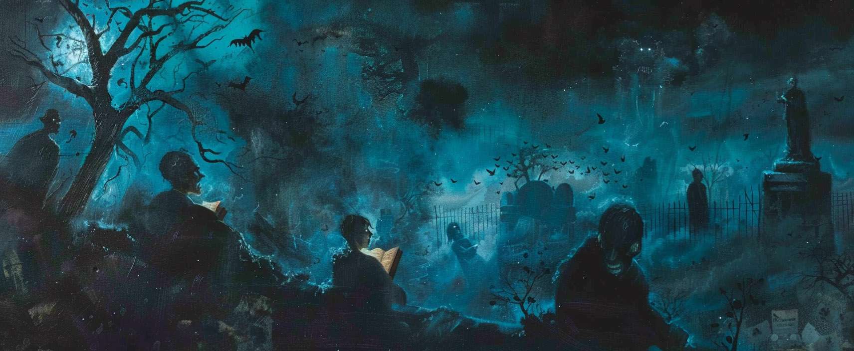 A dark, eerie forest with shadowy figures reading books. Bats and twisted trees enhance the atmosphere, and a statue looms in the background.