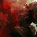 A person deep in thought with a hand on their chin, surrounded by a blend of red and white smoke or paint in an abstract style. The atmosphere appears intense and contemplative.