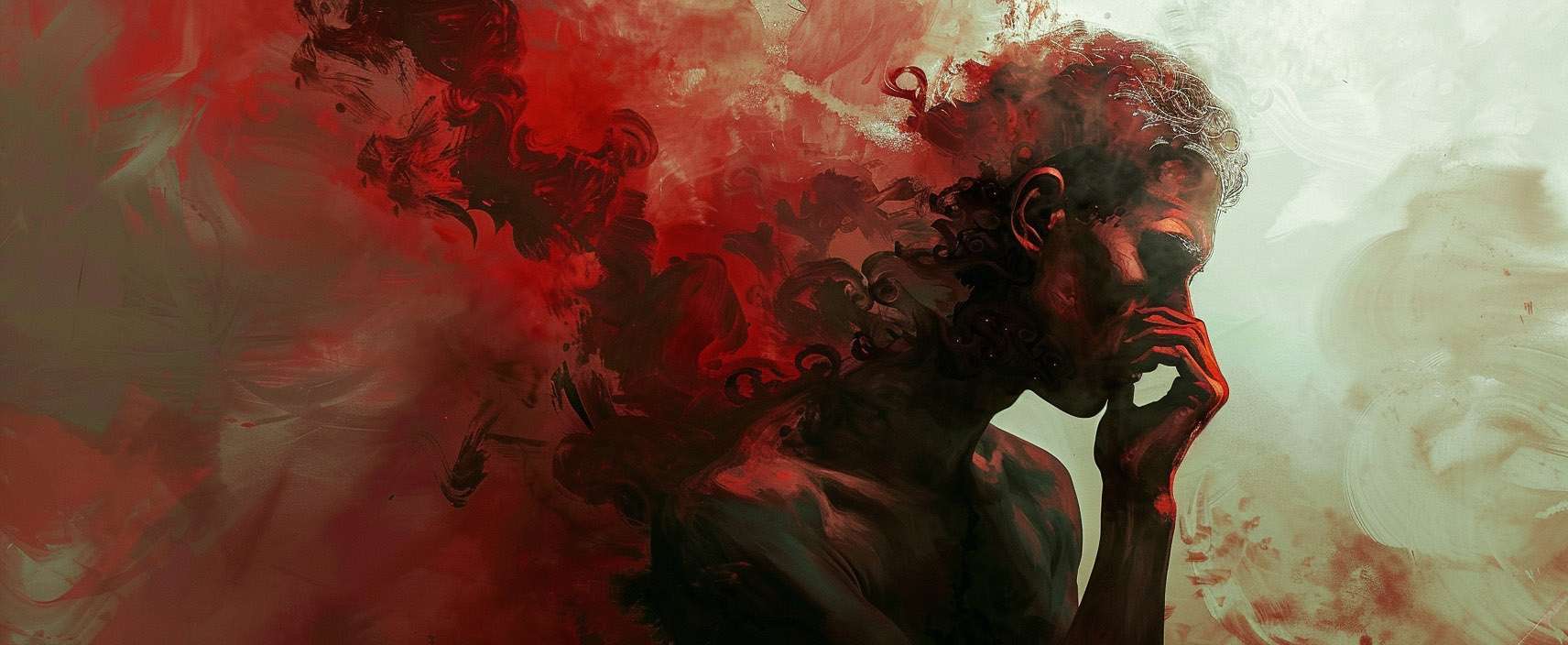 A person deep in thought with a hand on their chin, surrounded by a blend of red and white smoke or paint in an abstract style. The atmosphere appears intense and contemplative.