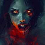 A digitally illustrated figure with glowing eyes and blood smeared around its mouth, set against a dark, eerie background.