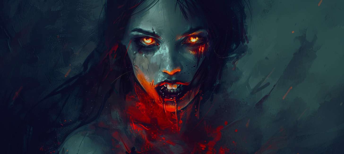 A digitally illustrated figure with glowing eyes and blood smeared around its mouth, set against a dark, eerie background.