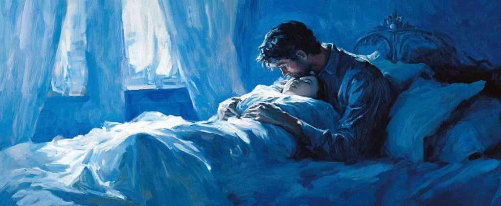 A man cradles a woman in bed under blue lighting, both appearing calm and gentle.