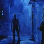 A painting in shades of blue depicts a shadowy figure standing in the distance, facing another figure with long hair in the foreground.