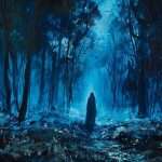 A solitary figure cloaked in darkness stands in the middle of a densely wooded forest illuminated by an eerie blue light.
