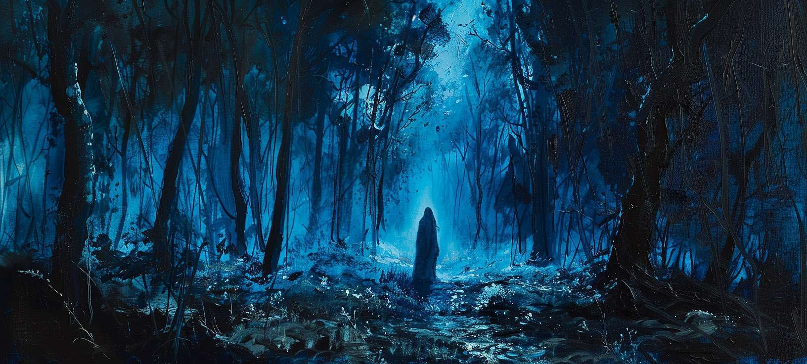 A solitary figure cloaked in darkness stands in the middle of a densely wooded forest illuminated by an eerie blue light.