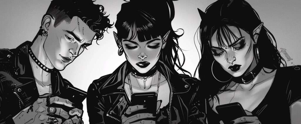Black and white illustration of three individuals with gothic attire, piercings, and accessories, engrossed in their smartphones.