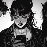 Black and white illustration of three individuals with gothic attire, piercings, and accessories, engrossed in their smartphones.