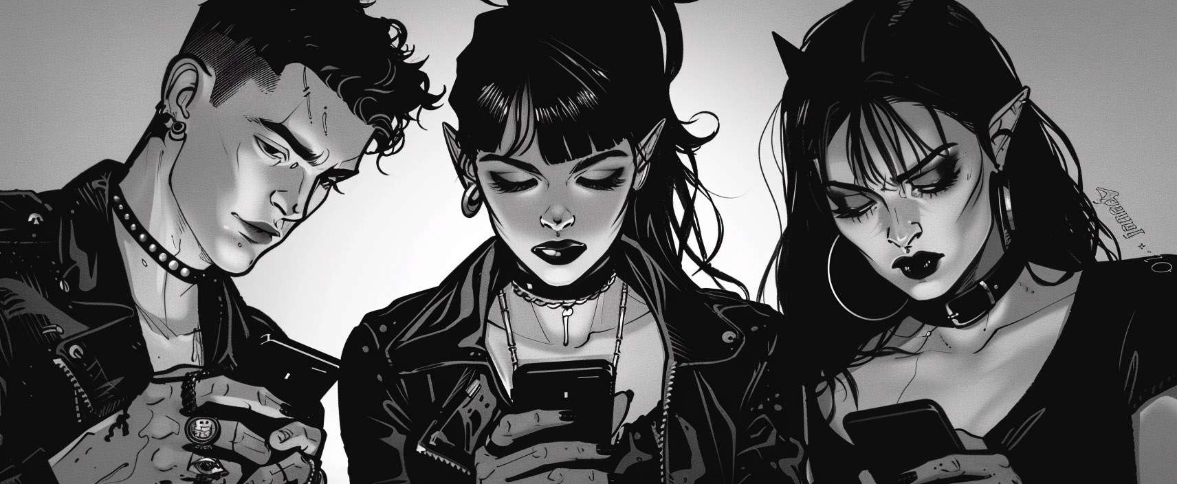 Black and white illustration of three individuals with gothic attire, piercings, and accessories, engrossed in their smartphones.