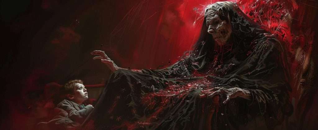 A child in a cloak sits on the ground, facing a hooded, skeletal figure draped in red and black with an outstretched hand. The background is dark and ominous with splashes of red light.