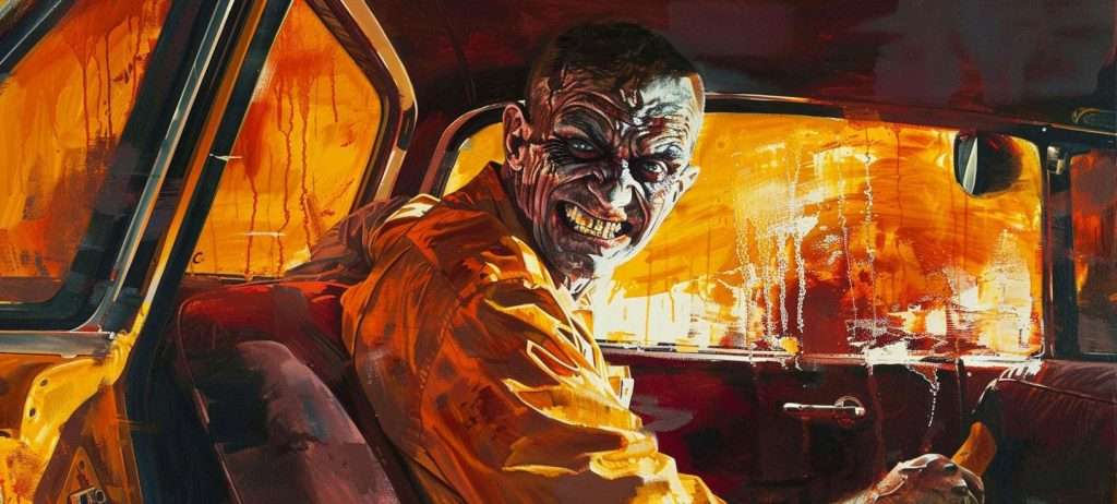 A man with an angry expression and exaggerated features sits in a car against a vivid orange background. His face is partially shadowed, emphasizing a sinister appearance.