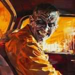 A man with an angry expression and exaggerated features sits in a car against a vivid orange background. His face is partially shadowed, emphasizing a sinister appearance.
