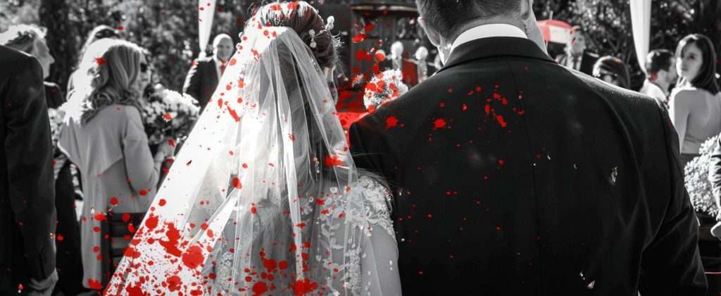 A bride and groom stand facing away at their wedding ceremony, with red paint splattered across the black and white photo.