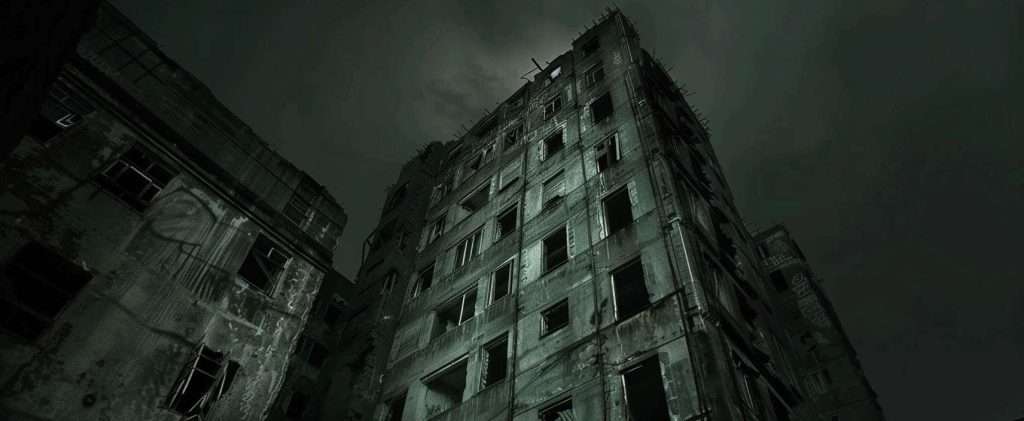 A dilapidated, multi-story building with numerous broken windows and a dark, foreboding atmosphere under a cloudy night sky.