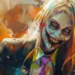 An abstract, colorful painting depicting a figure in a suit with long hair and a creepy, exaggerated smile, reminiscent of a sinister, clown-like character.