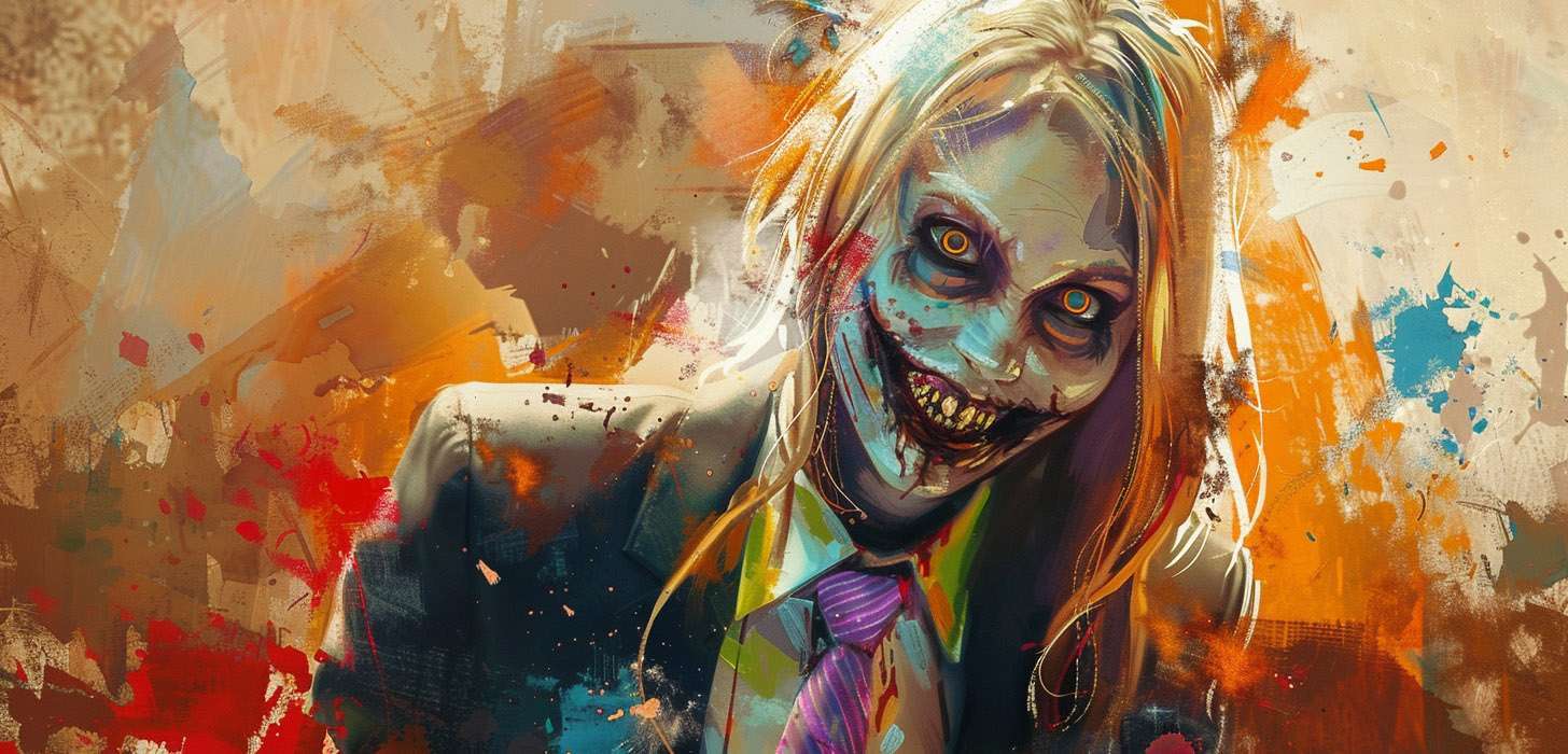 An abstract, colorful painting depicting a figure in a suit with long hair and a creepy, exaggerated smile, reminiscent of a sinister, clown-like character.