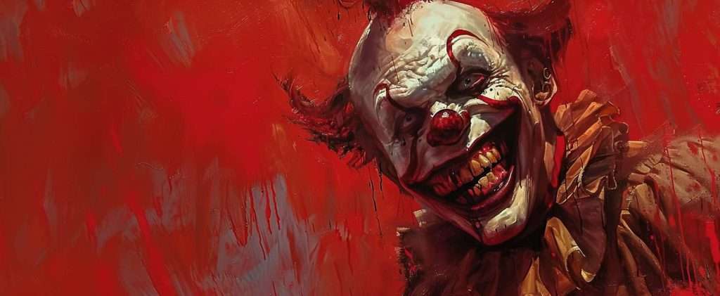 A sinister clown with red hair and a painted face grins menacingly against a red background.
