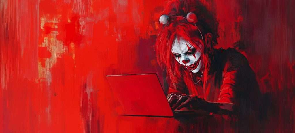 A person wearing clown makeup and costumes types on a laptop against a red, abstract background.