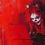 A person wearing clown makeup and costumes types on a laptop against a red, abstract background.