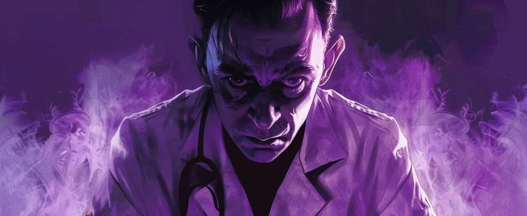 A person with a serious expression wearing a lab coat and stethoscope is surrounded by purple smoke or mist.