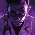 A person with a serious expression wearing a lab coat and stethoscope is surrounded by purple smoke or mist.