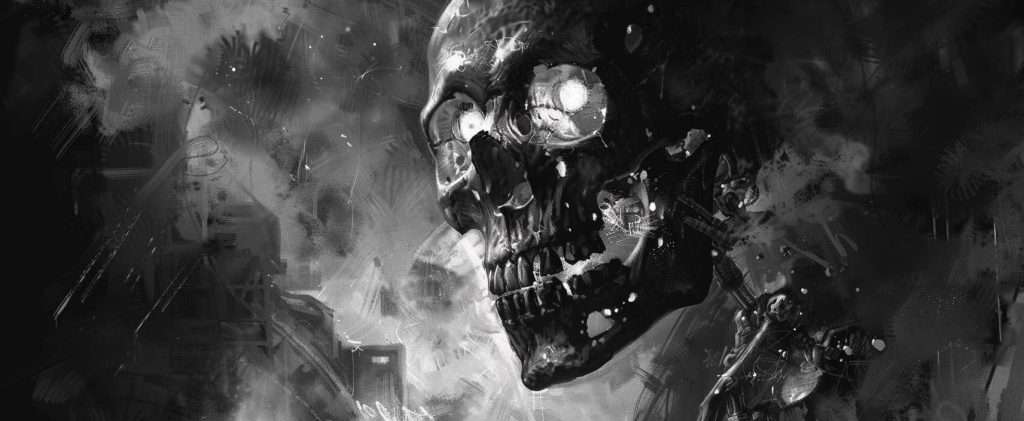 A dark, monochrome illustration of a skull with glowing eyes and mechanical elements integrated into its structure, set against a chaotic, smoky background.