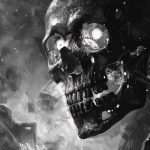 A dark, monochrome illustration of a skull with glowing eyes and mechanical elements integrated into its structure, set against a chaotic, smoky background.