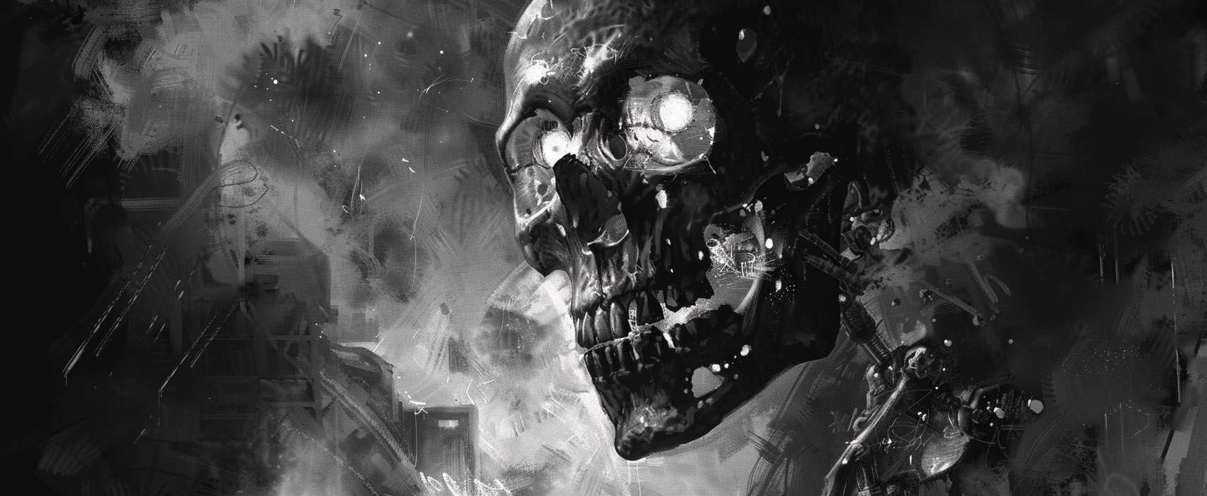 A dark, monochrome illustration of a skull with glowing eyes and mechanical elements integrated into its structure, set against a chaotic, smoky background.
