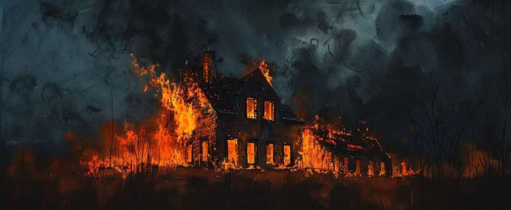 A house engulfed in flames during the night, with fire consuming the structure and dark smoke billowing into the sky.