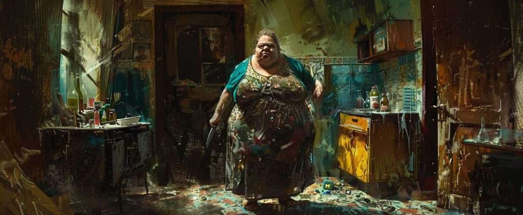 A person stands in a dimly lit, cluttered kitchen with a serious expression. The room looks disorganized, with various items scattered around and cabinets open.