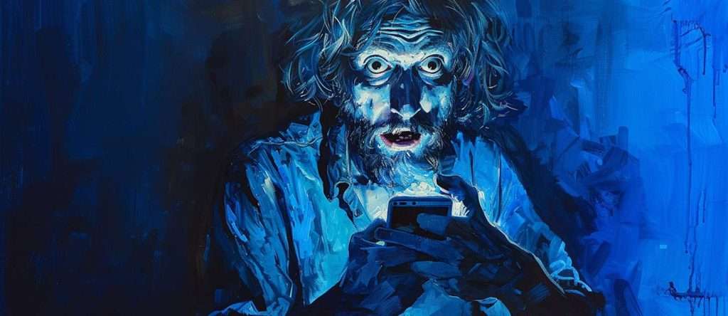 A person with wide eyes and an expression of shock holds a smartphone, illuminated by blue light in a dark environment.